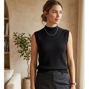 Talbots Womens Black Cotton Modal Mock Neck Sleeveless Sweater Vest XL